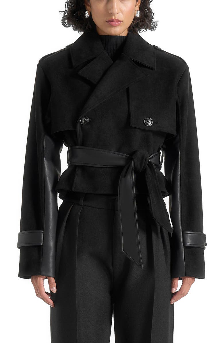 Manière De Voir Lelia Cropped Suede Trench Coat With Belt, Alternate, color, Black