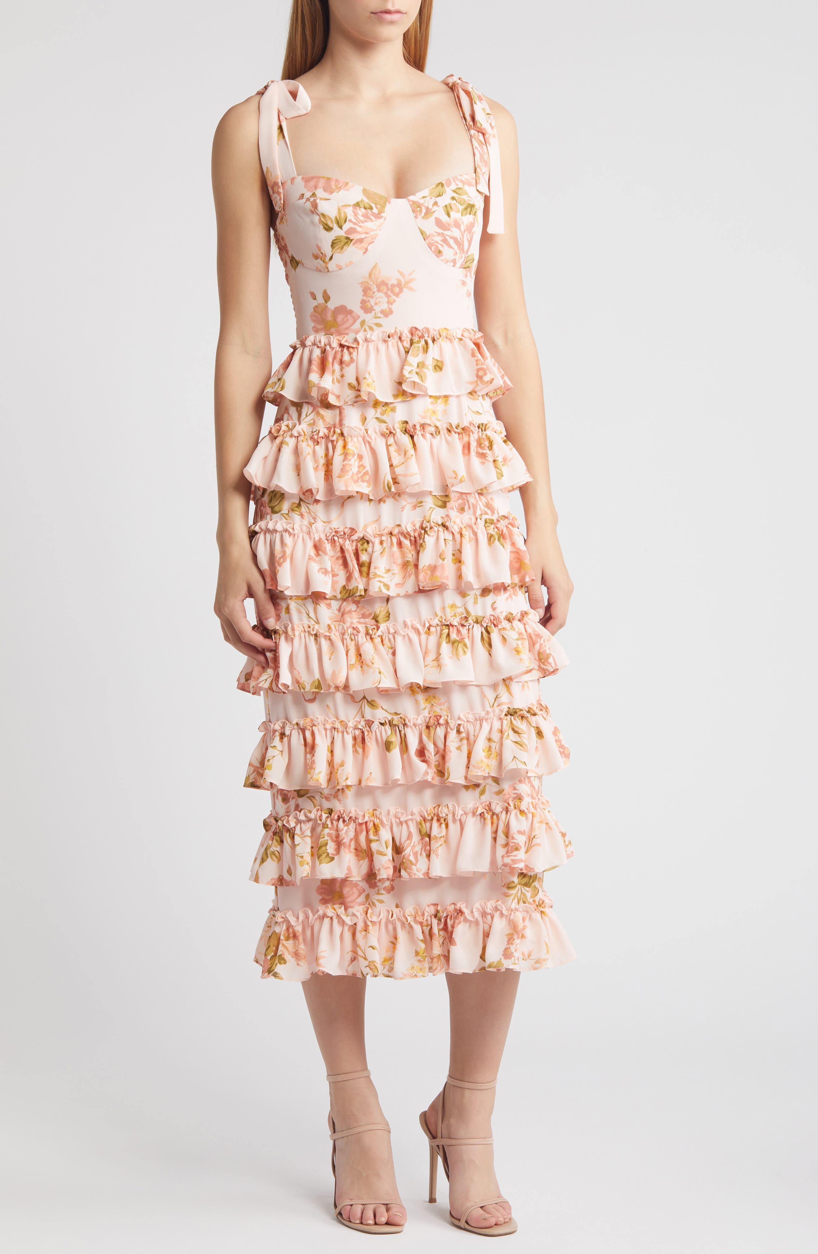 wayf masie tiered midi dress The Masie Floral Tiered Ruffle Cocktail Midi Dress (Women)
