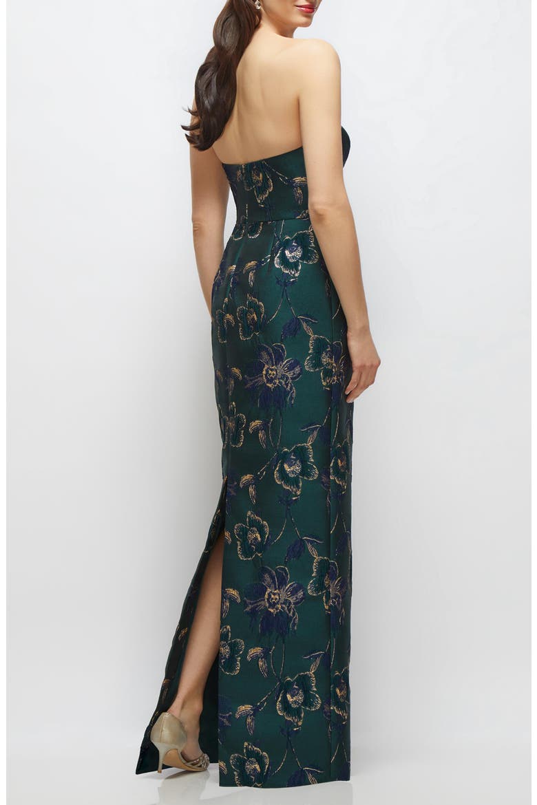 Metallic Strapless Jacquard Column Gown, Alternate, color, EVERGREEN FLORAL