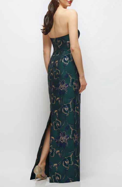 Alfred Sung Metallic Strapless Jacquard Column Gown In Green