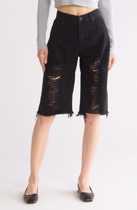 Leo Low Rise Destructed Denim Bermuda Shorts