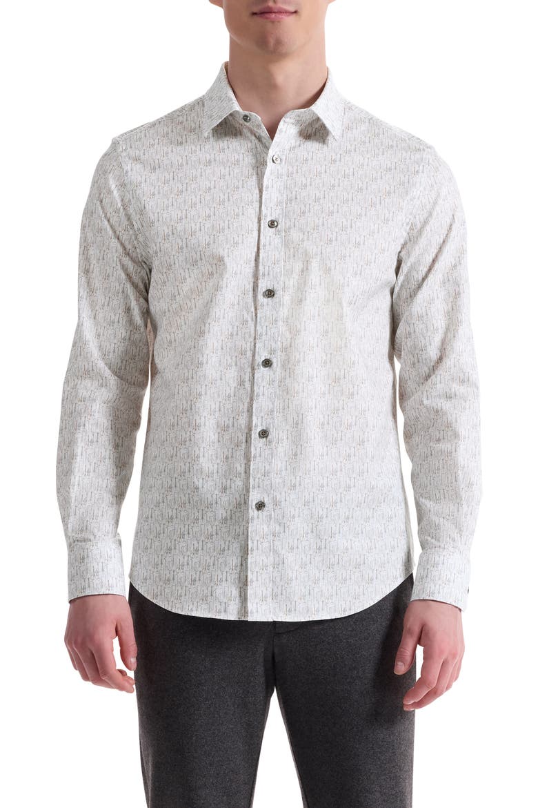 Julian Shaped Fit Musical Instrument Print Button-Up Shirt, Main, color, CHALK