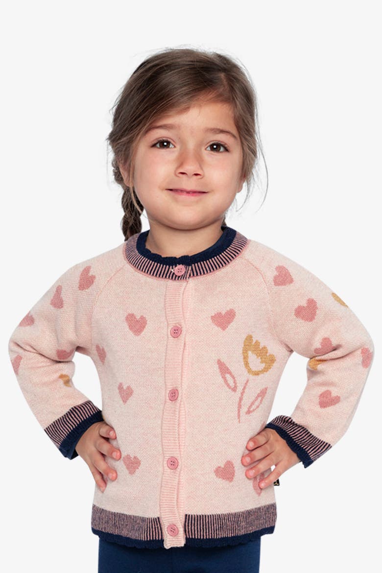 Knitted Jacquard Heart Pattern Scalloped Trim Cardigan, Alternate, color, Pale Dusty Pink and Navy