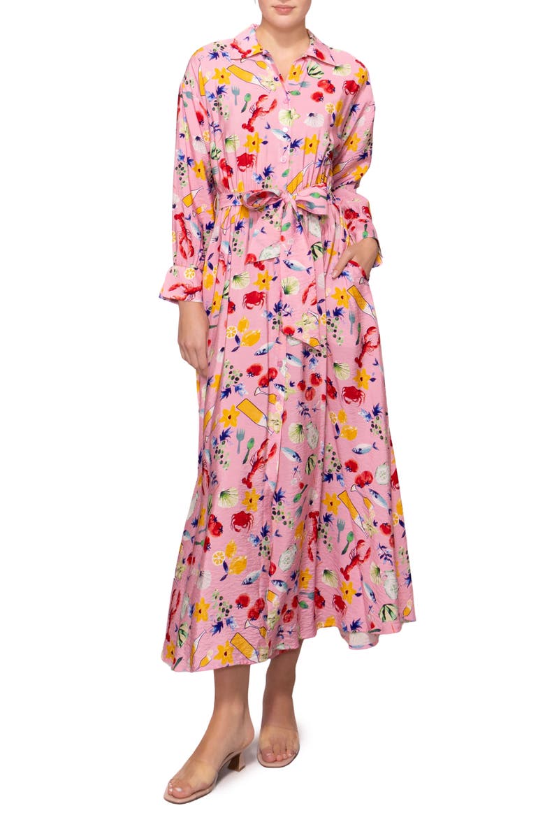 MELLODAY Print Long Sleeve Midi Shirtdress, Main, color, Pink Multi