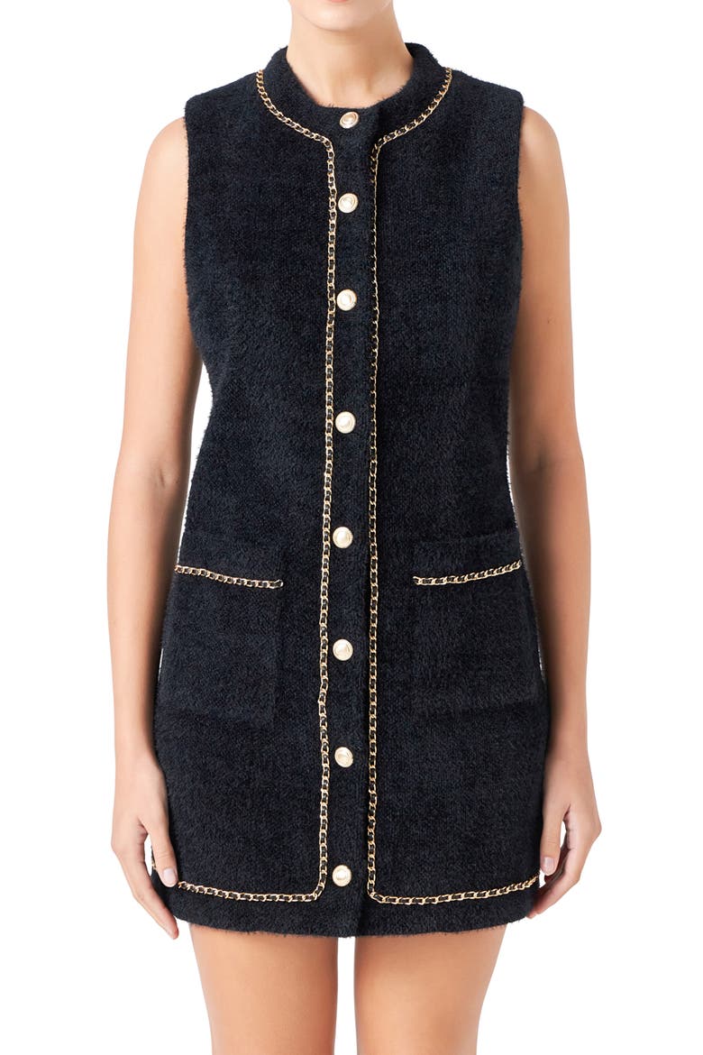 Fuzzy Chain Trim Minidress, Alternate, color, BLACK