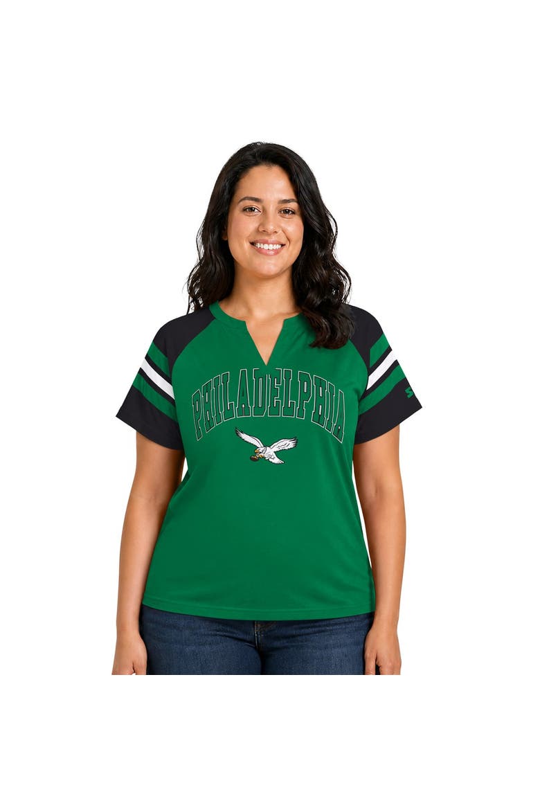 Women's Starter  Kelly Green Philadelphia Eagles Plus Size Throwback Game On Notch Neck Raglan T-Shirt, Main, color, Kelly Green