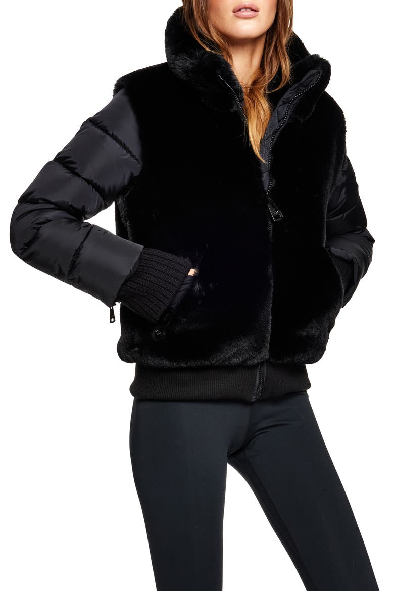 Carlie Faux Fur Quilted Down Puffer Jacket, Alternate, color, BLACK/ BLACK