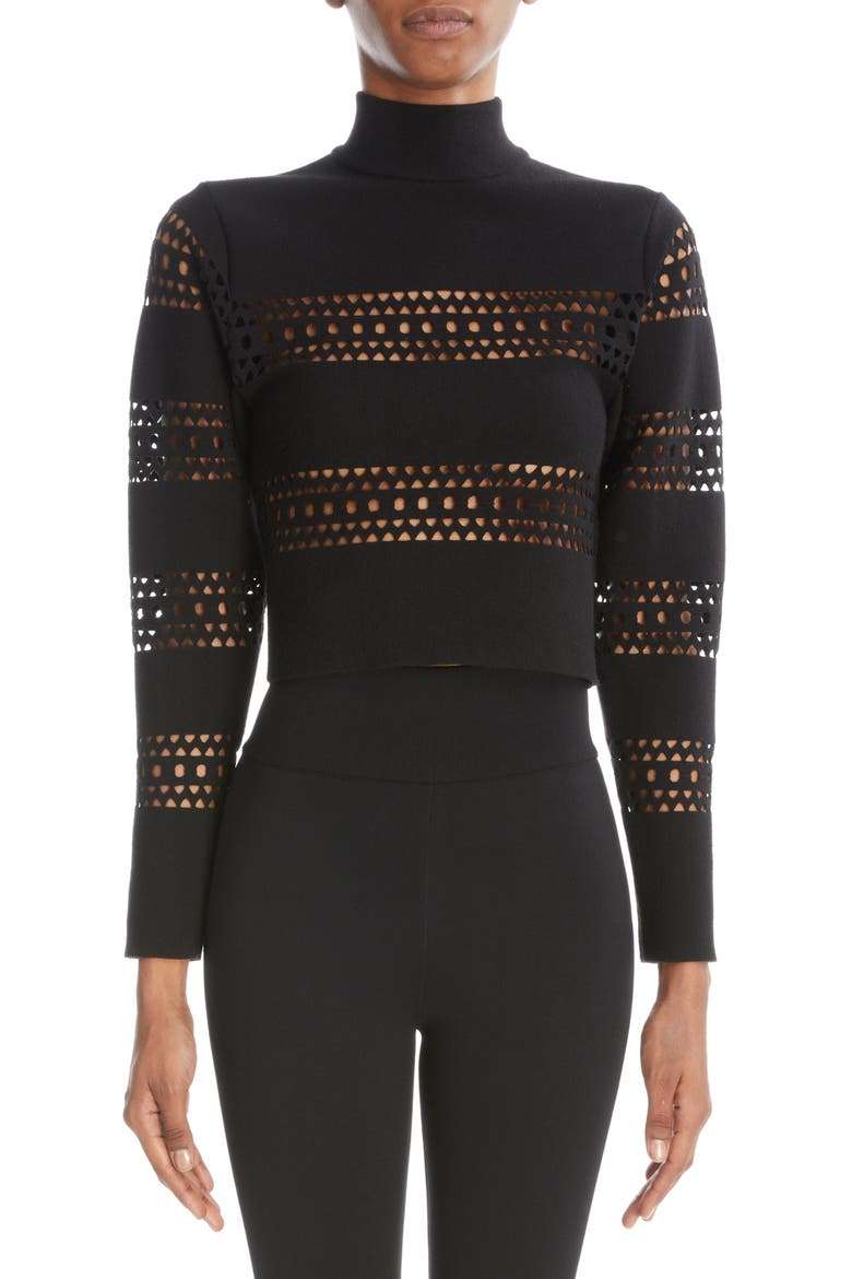 Vienne Perforated Crop Turtleneck Sweater, Main, color, NOIR ALAIA