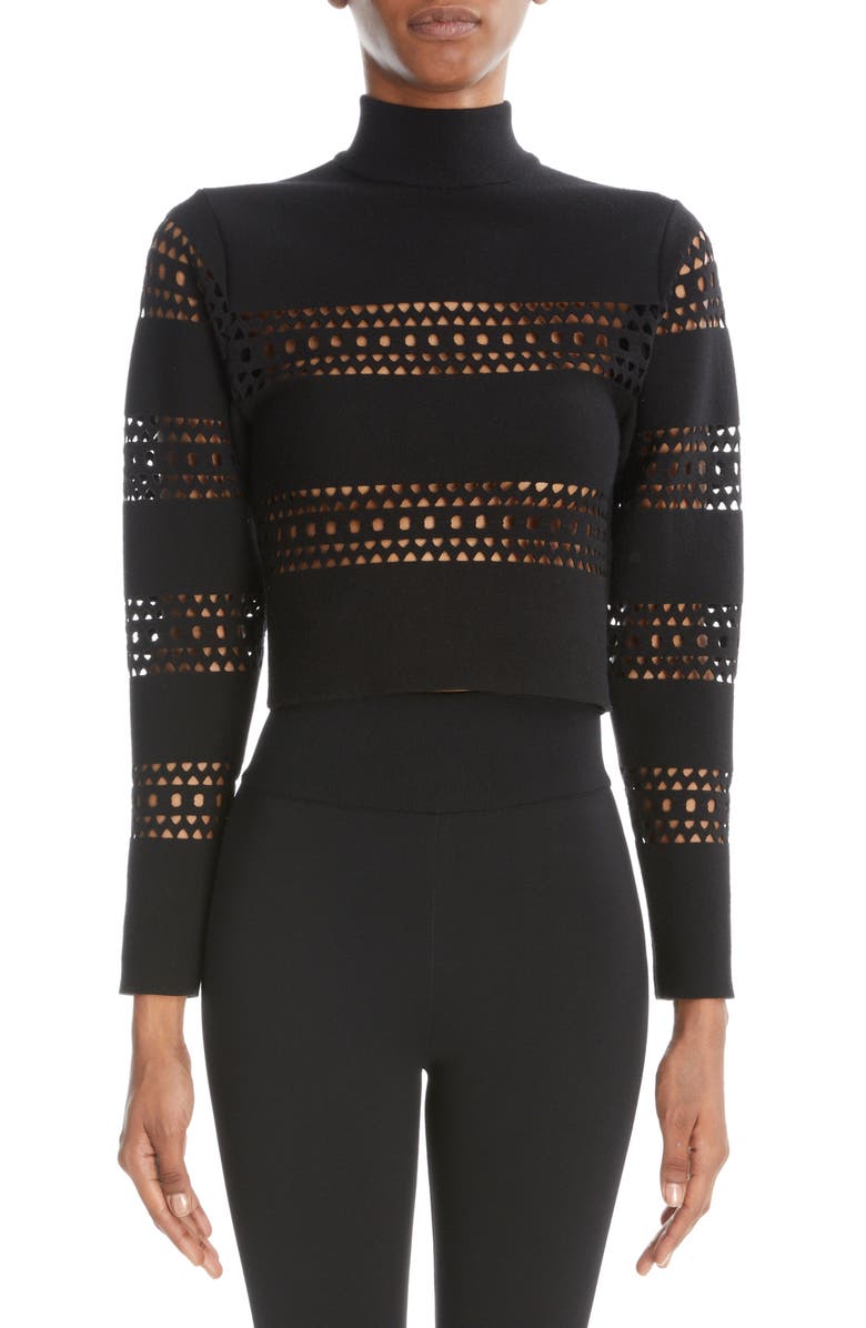Alaïa Vienne Perforated Crop Turtleneck Sweater, Main, color, 