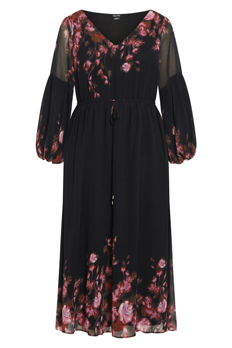 Frances Floral Semi Sheer Sleeve Maxi Dress, Alternate, color, BLACK FLORAL