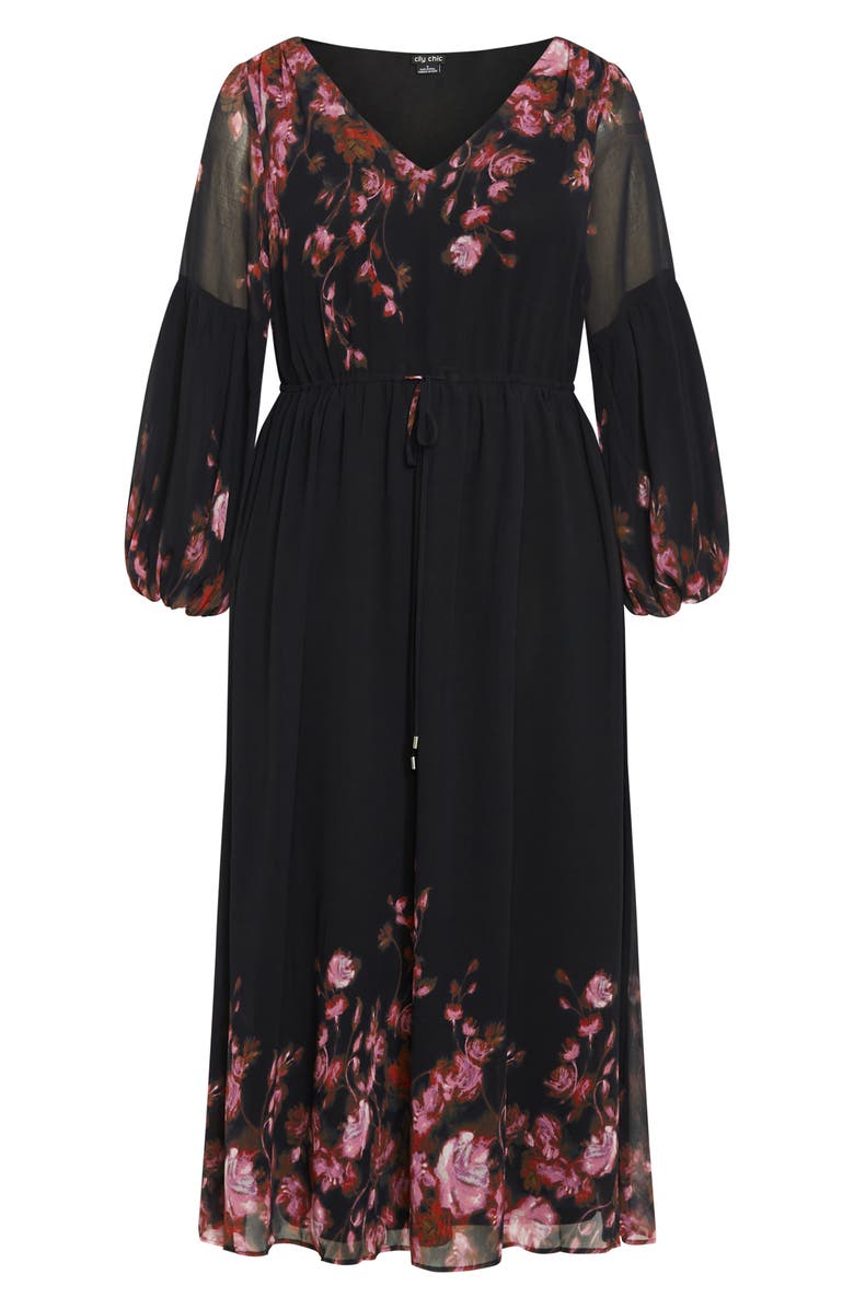 City Chic Frances Floral Semi Sheer Sleeve Maxi Dress, Main, color, Black Floral