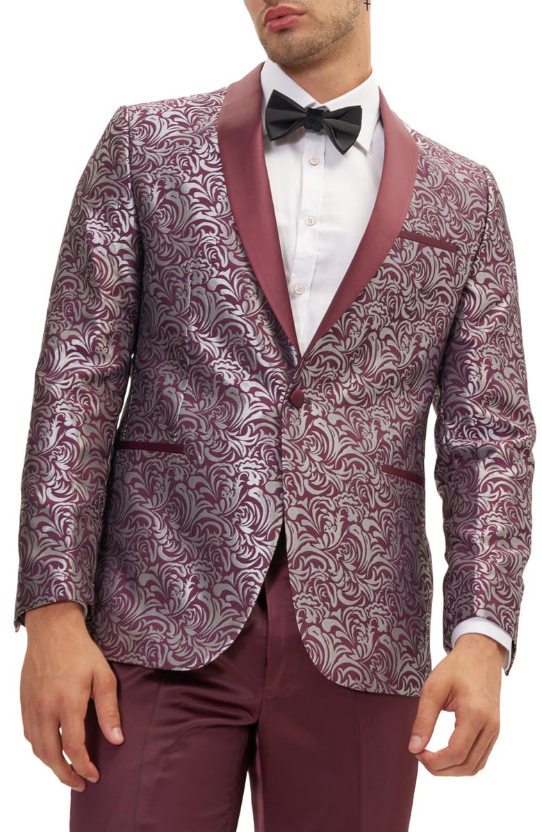 RON TOMSON Metallic Paisley Pattern Tuxedo Jacket, Main, color, Burgundy