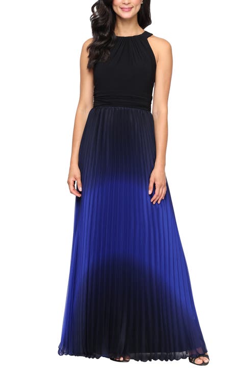 Pleated Ombré Chiffon Halter Gown