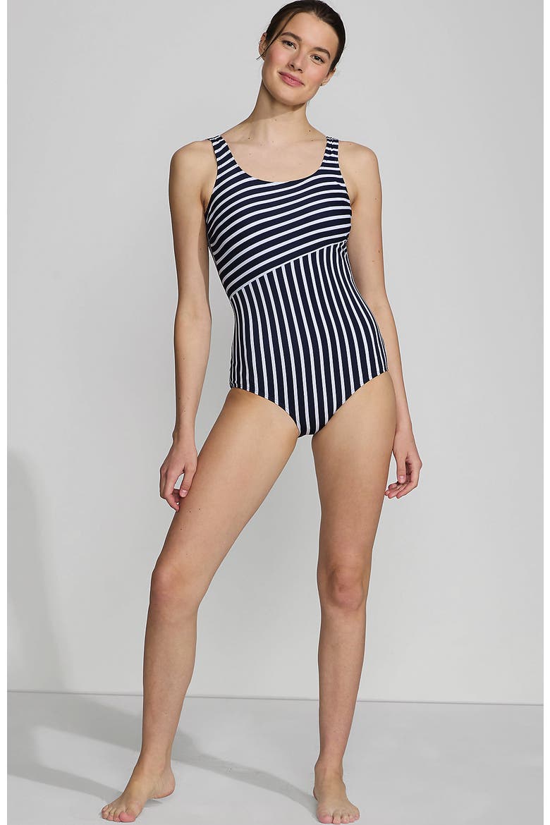 D-Cup Chlorine Resistant Scoop Neck Soft Cup Tugless Sporty One Piece Swimsuit Print, Main, color, Deep Sea/White Media Stripe