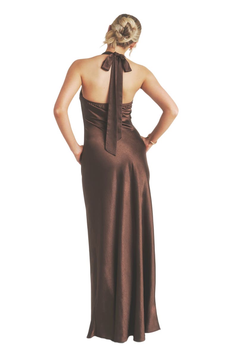 Six Stories Racer Neck Satin Bridesmaid Dress, Alternate, color, Chocolate