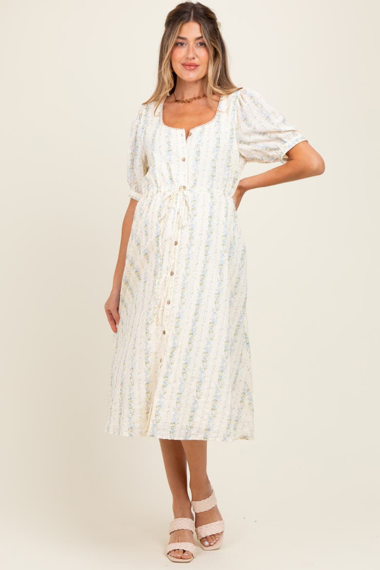 Swiss Dot Floral Print Button Down Midi Dress, Alternate, color, Light Blue