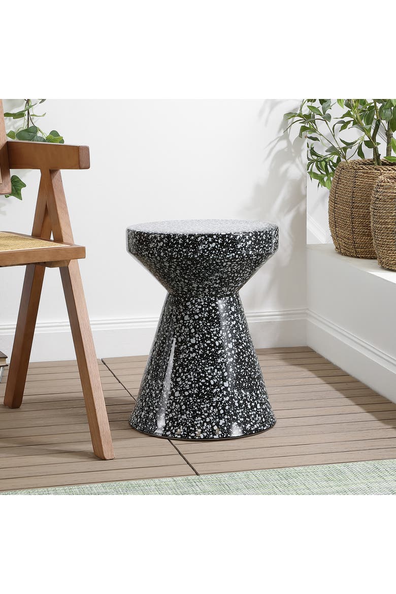 Xenia Modern Terrazzo Ceramic Outdoor Garden Stool, Hourglass Accent Side Table & Plant Stand for Patio or Living Room, Alternate, color, Black/White