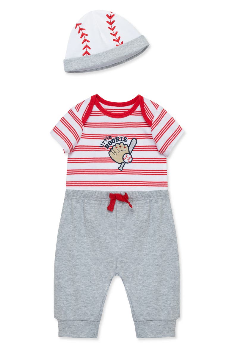 Baseball Cotton Bodysuit, Joggers & Hat Set, Alternate, color, GREY