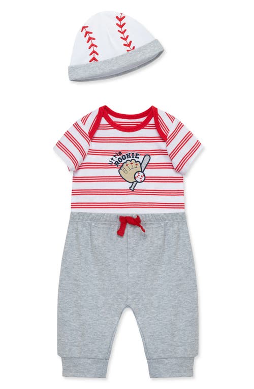 Shop Little Me Baseball Cotton Bodysuit, Joggers & Hat Set In Grey/red/white