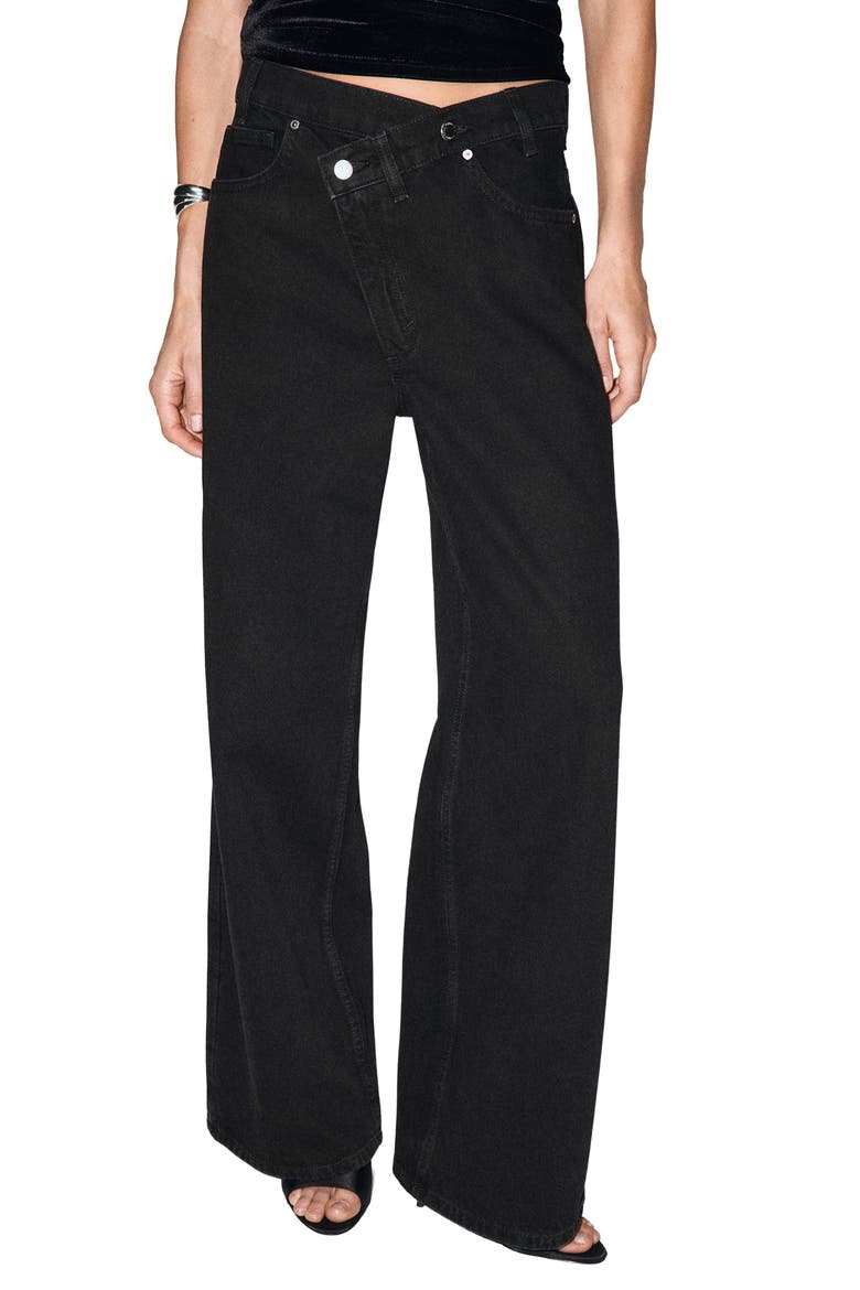 Asymmetric Button Wide Leg Jeans, Main, color, BLACK DENIM