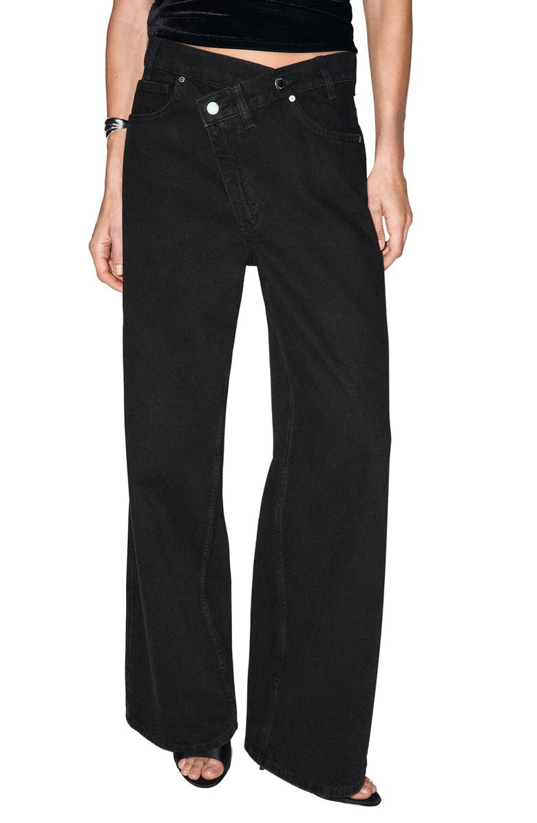 MANGO Asymmetric Button Wide Leg Jeans, Main, color, Black Denim