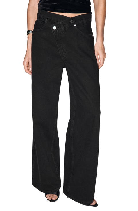 Asymmetric Button Wide Leg Jeans