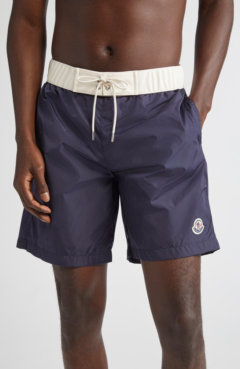 Moncler Logo Patch Swim Trunks, Main, color, Inkling