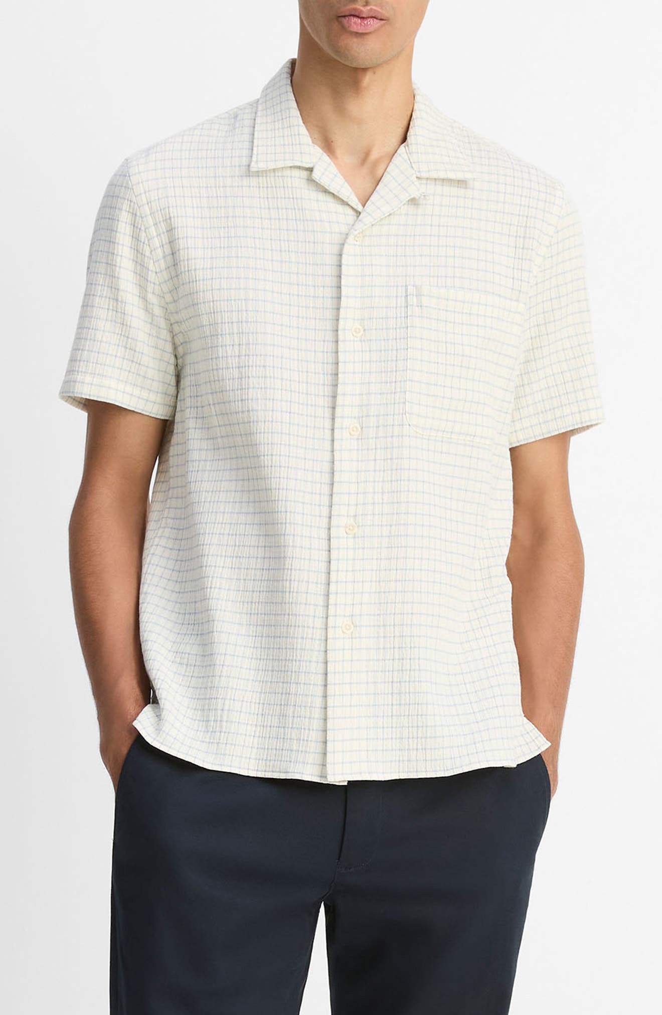 Vince Provence Check Cotton Seersucker Camp Shirt