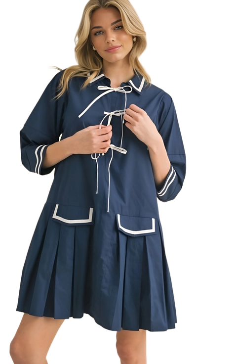 Pleated Contrast Trim Front Tie Mini Dress