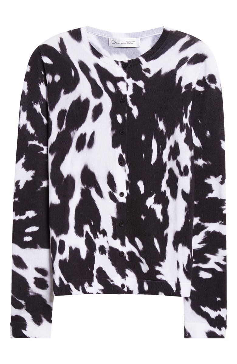 Oscar de la Renta Cow Print Cotton Blend Cardigan, Alternate, color, Black/ Ivory