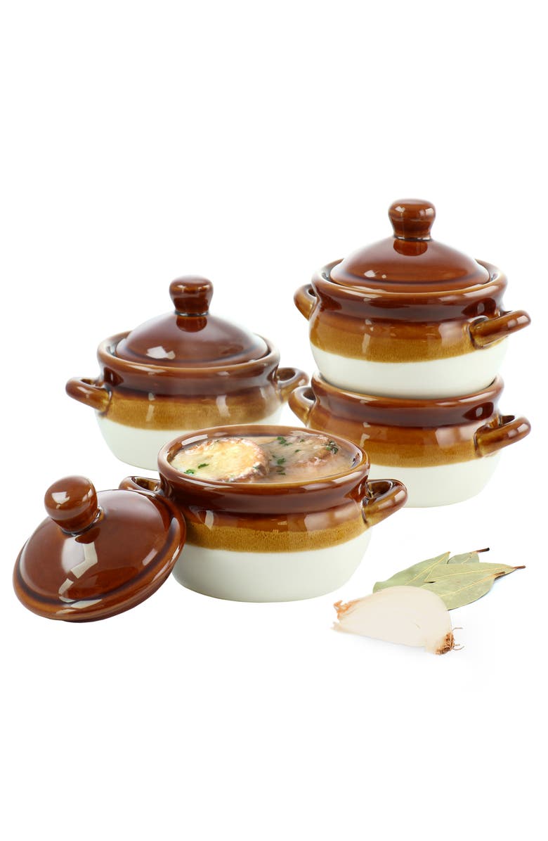 Elama 4 Piece Double Handle 15 Ounce French Onion Soup Bowl with Lid, Main, color, Brown