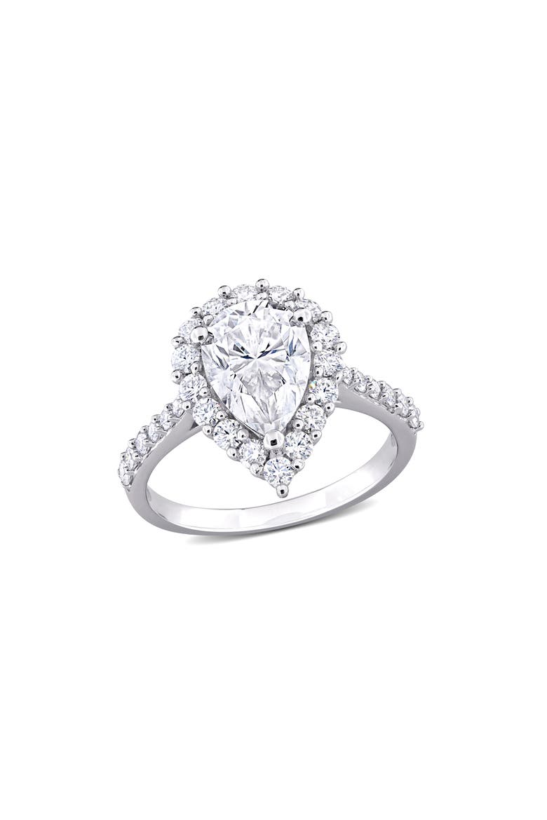 Sterling Silver Pear Cut Lab Created Moissanite Halo Ring, Main, color, SILVER