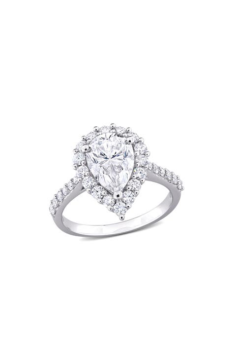 Sterling Silver Pear Cut Lab Created Moissanite Halo Ring