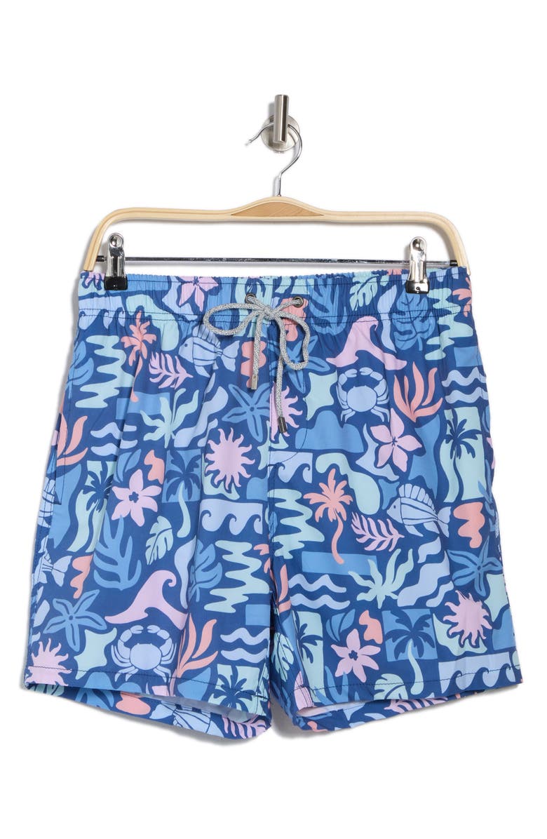 Vintage Summer Crabs & Fish Print Swim Trunks, Alternate, color, Navy