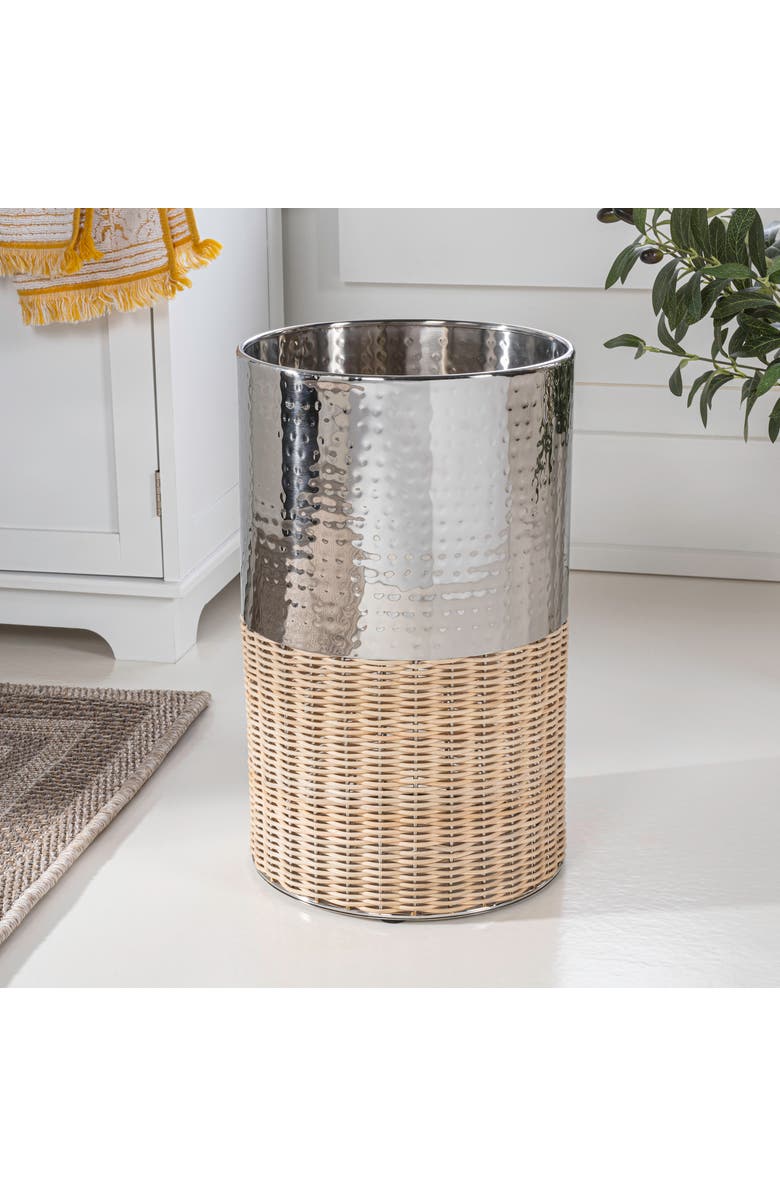 HAPPIMESS Asher Modern 2-Tone Faux Wicker/Metal Cylinder Waste Basket, Alternate, color, Chrome/Natural