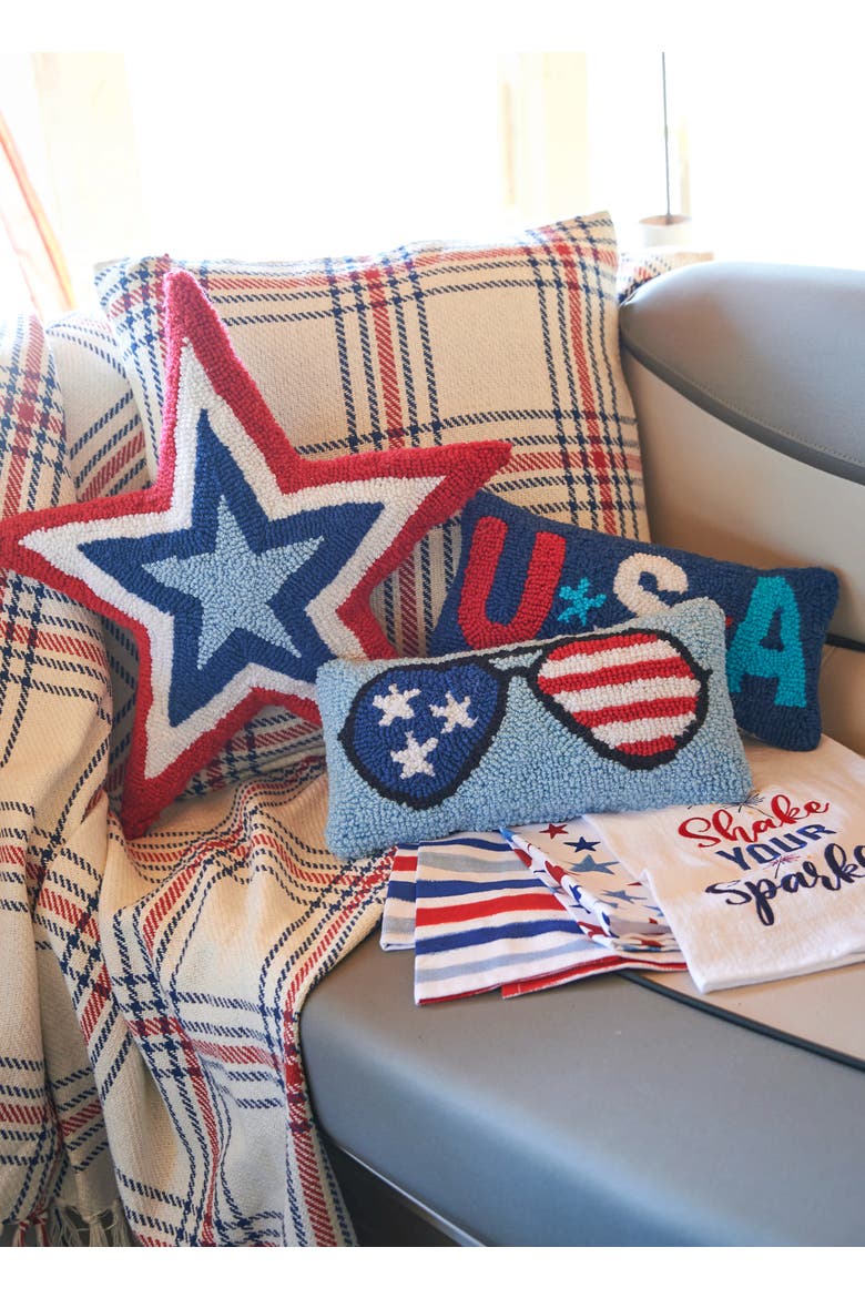 Patriotic Red White & Blue Star Shaped Hooked Accent Throw Pillow, 18" x 18", Alternate, color, Blue