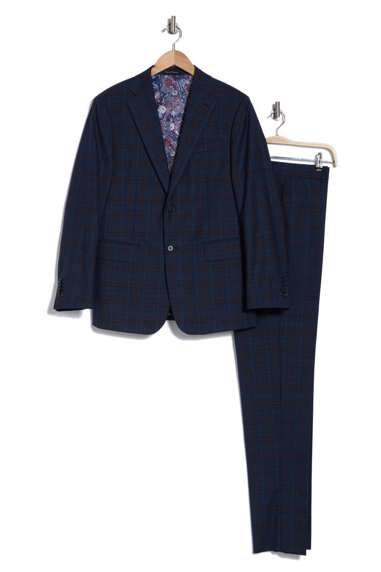 Plaid Trim Fit Notch Lapel Wool Blend Two-Piece Suit, Alternate, color, NAVY