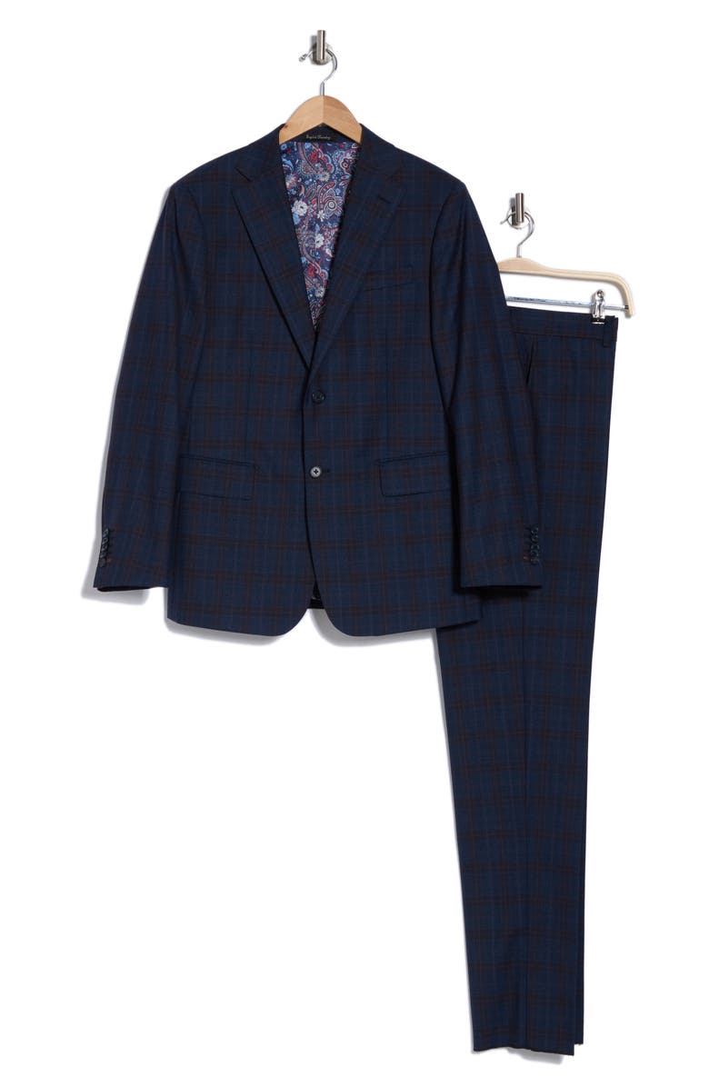 English Laundry Plaid Trim Fit Notch Lapel Wool Blend Two-Piece Suit, Alternate, color, Navy