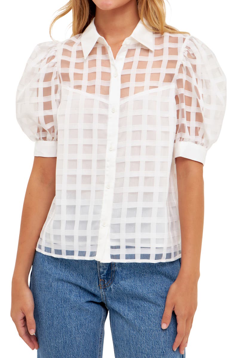 English Factory Puff Sleeve Organza Top, Alternate, color, White