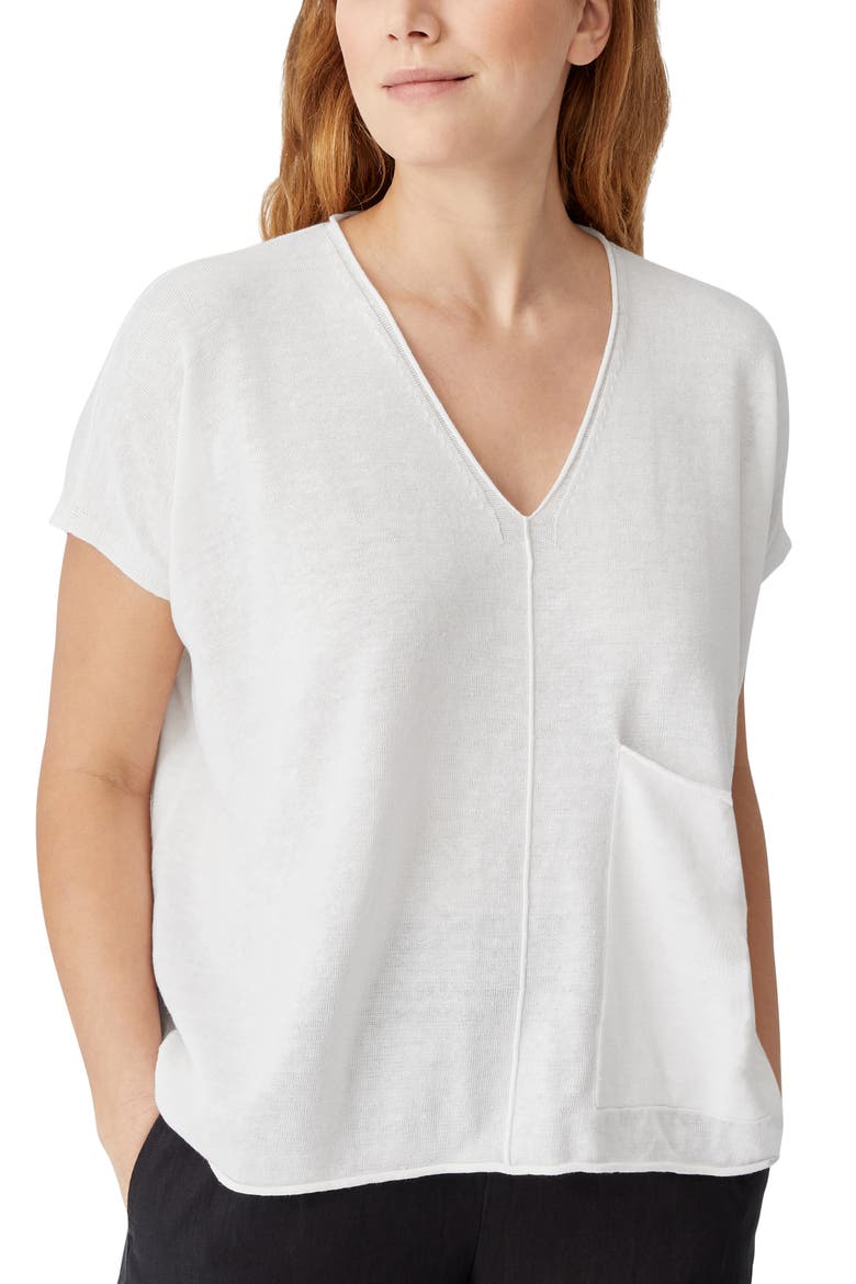 Short Sleeve Organic Linen & Cotton Boxy Sweater, Main, color, WHITE