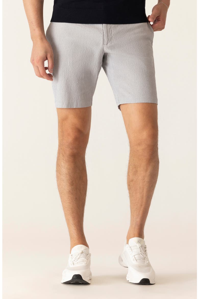 Galaxy Bermuda Flat Front Cotton 8.5-Inch Seersucker Shorts, Main, color, INDIGO