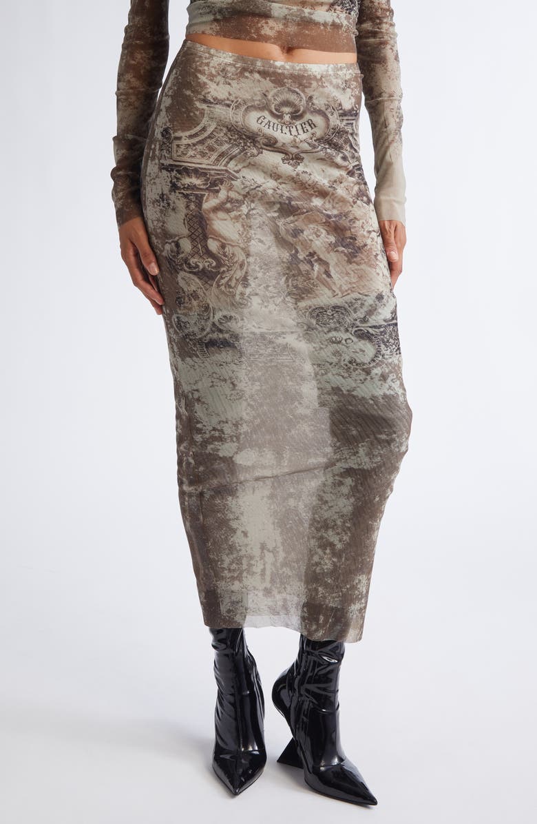 Jean Paul Gaultier Medallion Print Mesh Maxi Skirt, Main, color, Light Beige/ Taupe