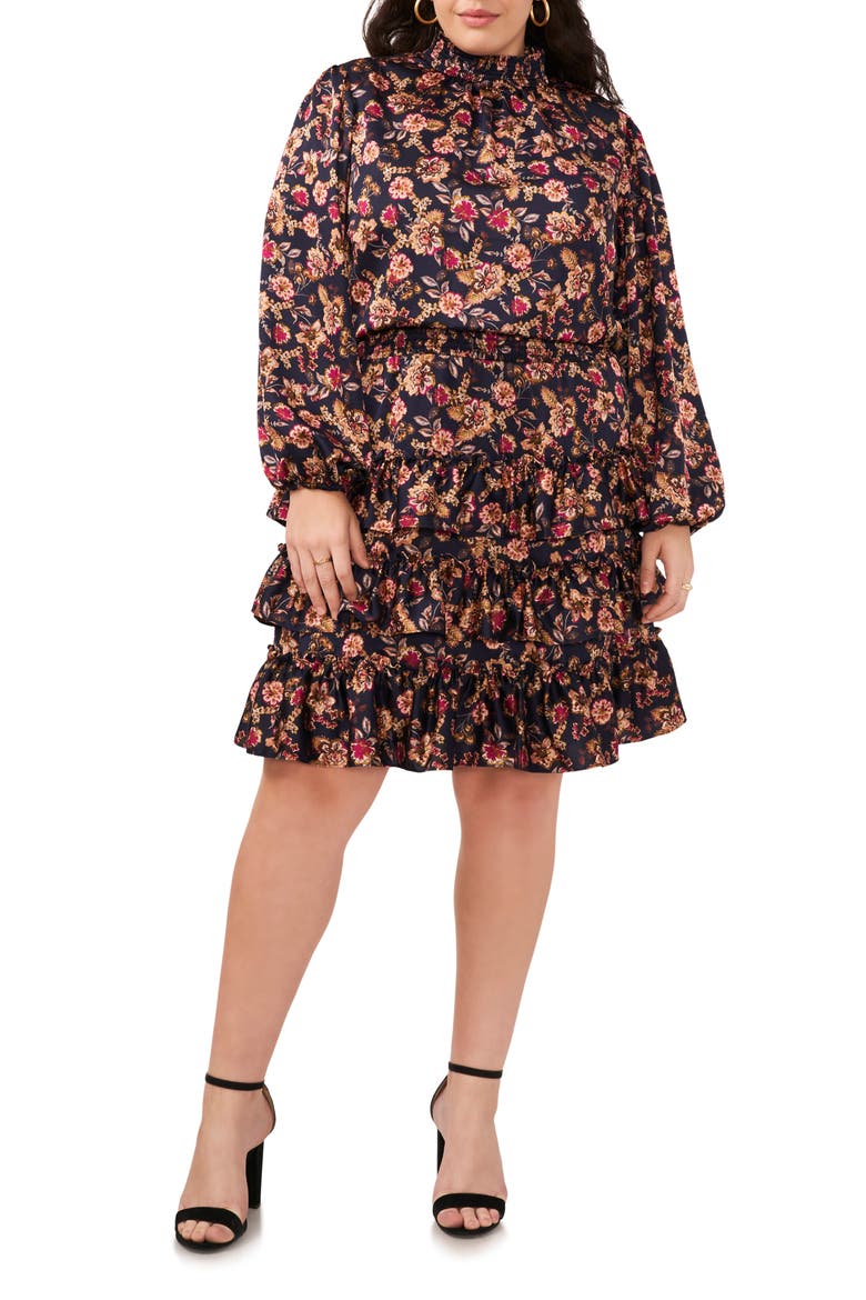 Floral Print Long Sleeve Minidress, Main, color, WOODBLOCKFLORAL