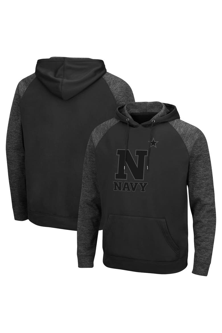 Men's Colosseum Black Navy Midshipmen Blackout 3.0 Tonal Raglan Pullover Hoodie, Alternate, color, Black