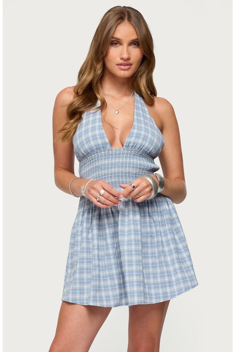 Plaid Smocked Halter Minidress, Alternate, color, BLUE