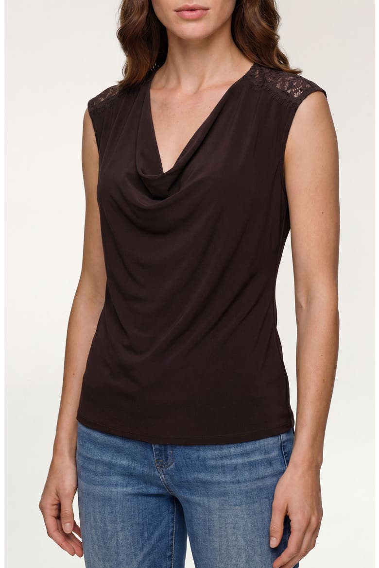 Draped Neck Sleeveless Top with Lace Trim, Main, color, JAVA