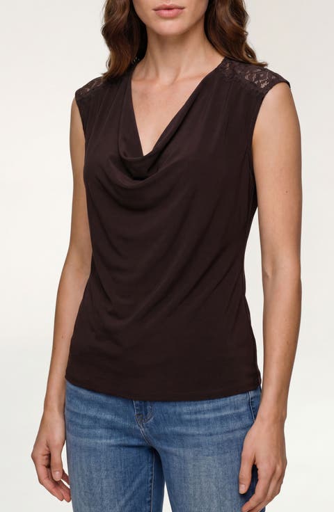 Draped Neck Sleeveless Top with Lace Trim