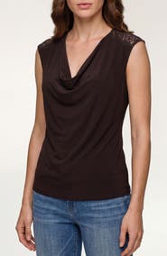 Liverpool Los Angeles Draped Neck Sleeveless Top with Lace Trim