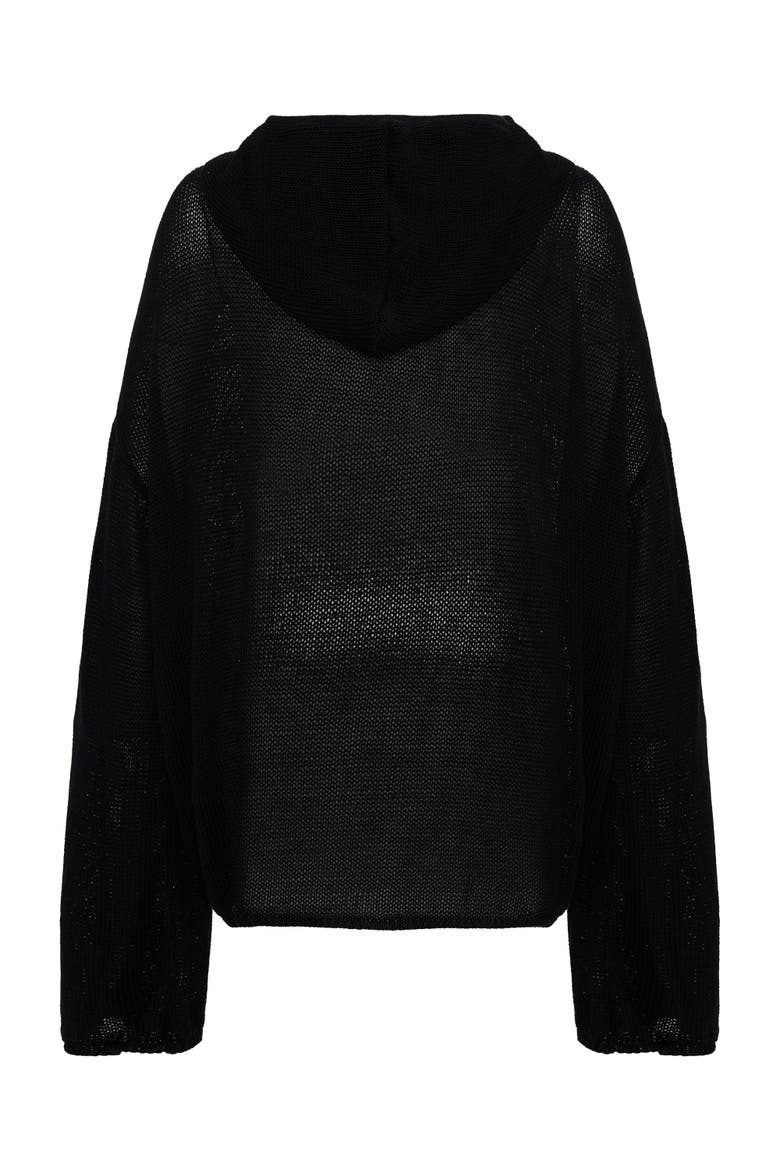 Cotton Blend Knitted Hoodie With Woven Patch, Alternate, color, BLACK