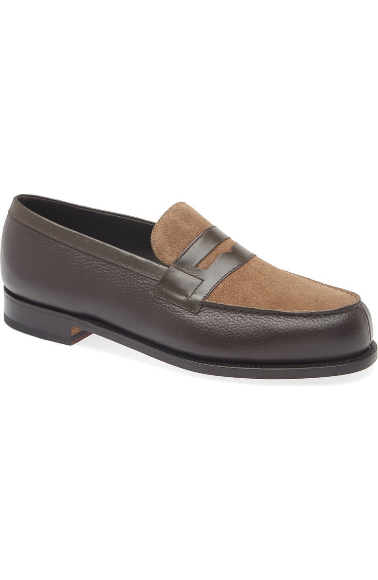 JM WESTON 180 Colorblock Penny Loafer, Main, color, Dark Brown/ Brown Suede